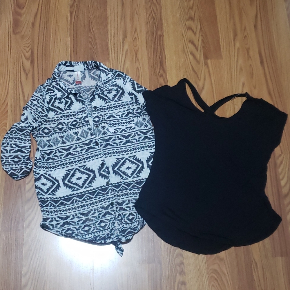 2 womens M shirt lot Tribal print tie up cutout